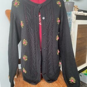 Vintage Black Floral Embroidered Button-Up Cardigan